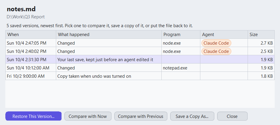 File History for notes.md: five saved versions, two by Claude Code, one the person's last save kept just before the agent edited it